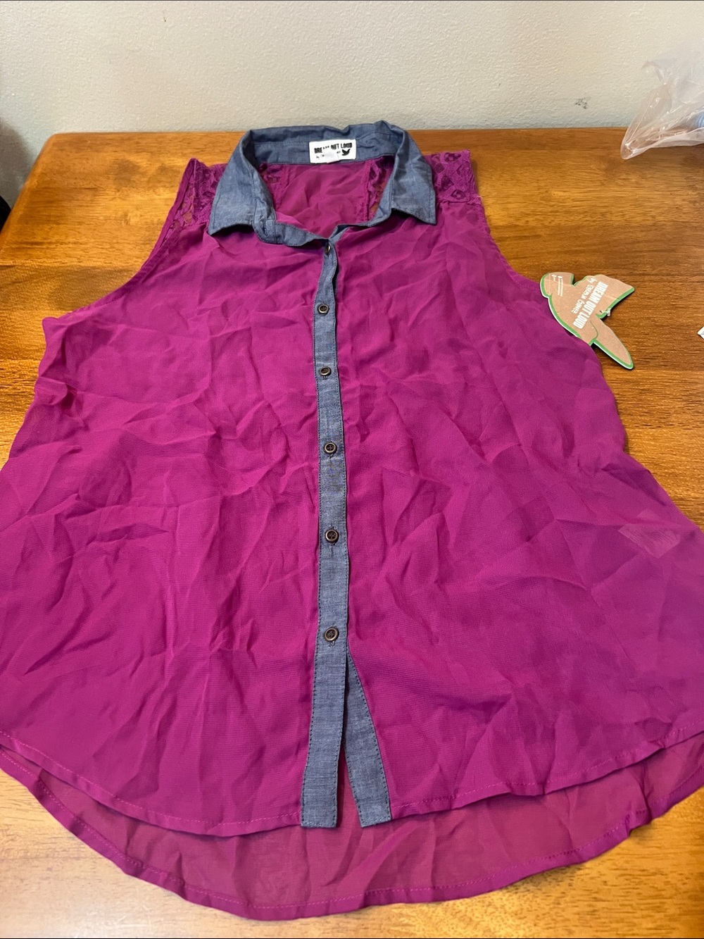 Dream Out Loud by Selena Gomez purple sheer sleeveless button-up blouse Size L